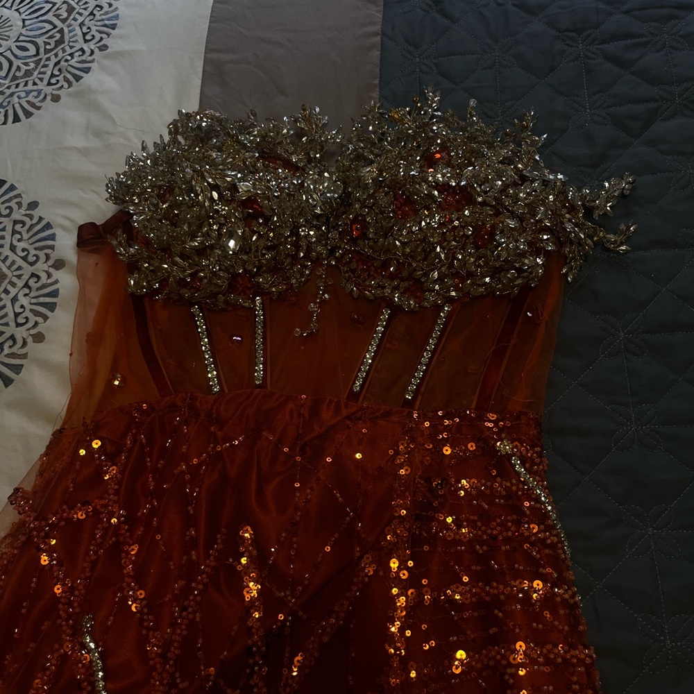 Stunning Orange Sequin Gown with Silver Embellishments